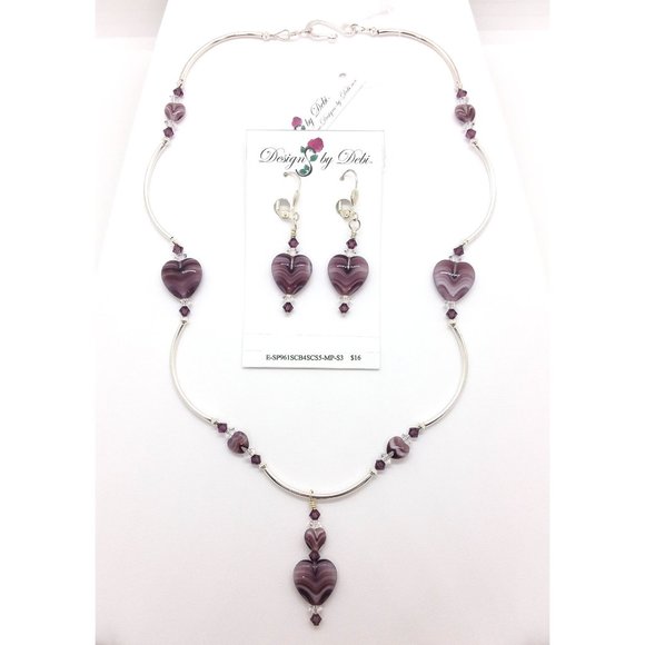 Purple Hearts & Crystals Necklace & Earrings - Picture 1 of 5